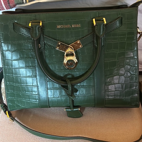 Michael Kors Nouveau Hamilton Crocodile Embossed Leather Satchel Moss EUC - Picture 4 of 7